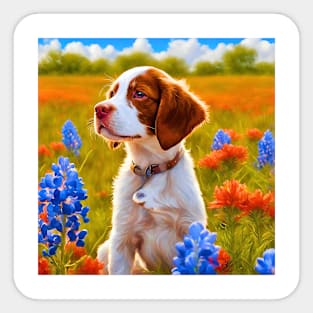 Brittany Puppy in Texas Wildflower Field Sticker